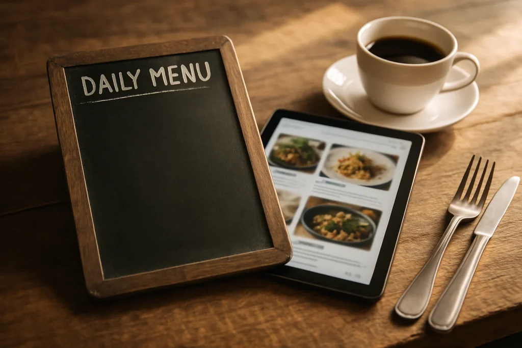 Ardoise de menu du jour posée à côté d'une tablette affichant la carte du restaurant publiée sur son site