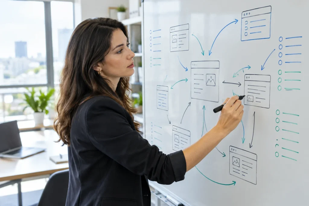Responsable marketing annotant au feutre une liste de sites cités par les IA sur un tableau blanc