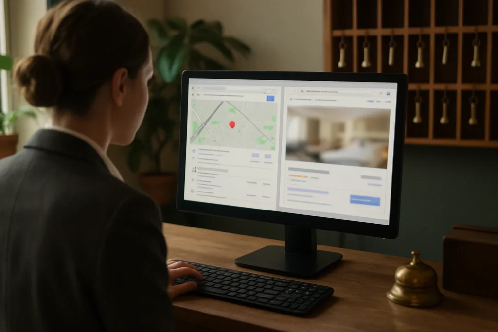 Réceptionniste d'hôtel comparant sur ordinateur la fiche Google de l'établissement et sa page sur une plateforme de réservation