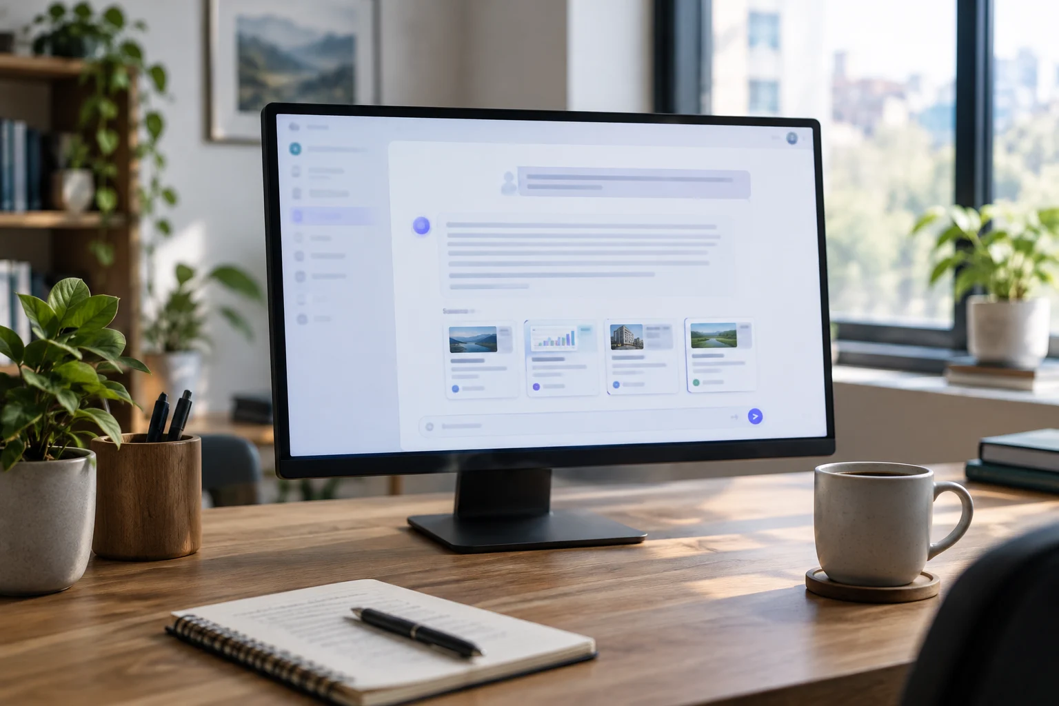 Écran d'ordinateur affichant une réponse d'assistant IA avec ses sources citées, sur le bureau d'un consultant SEO
