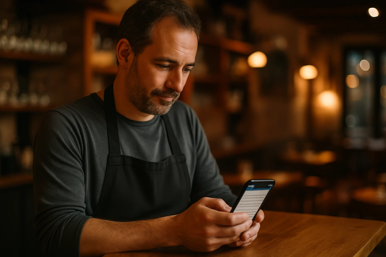 Restaurateur derrière son comptoir consultant sur son smartphone une réponse d'assistant IA listant des restaurants